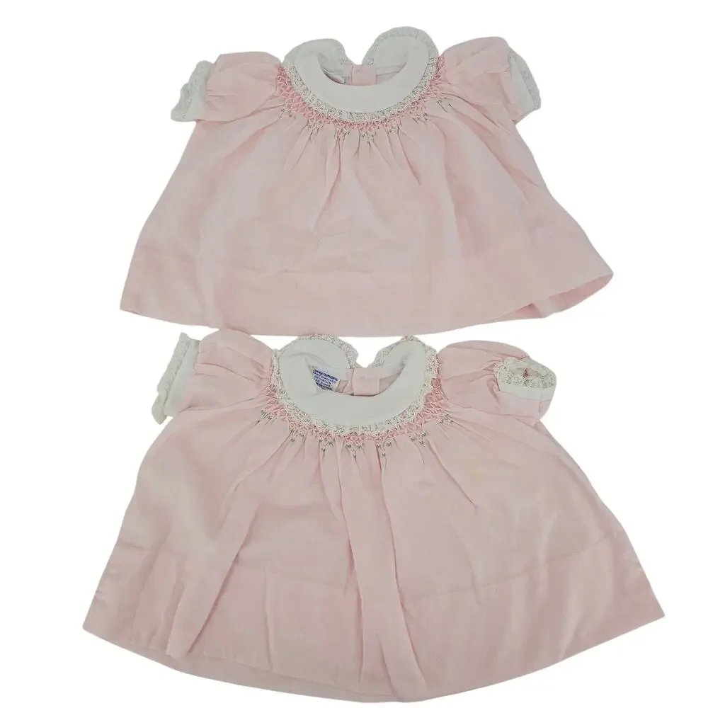 Vintage Polly Flinders Pink Lace Ruffle Frilly Smocked Dresses TWINS NB 0-3 mo
